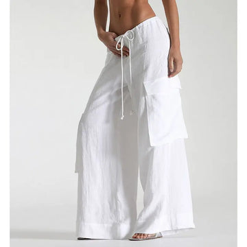 MQTIME  -  Women's Y2K Cargo Long Pants Solid Color Drawstring Elastic Low Waist Wide Leg Trousers with Multi Pockets Streetwear